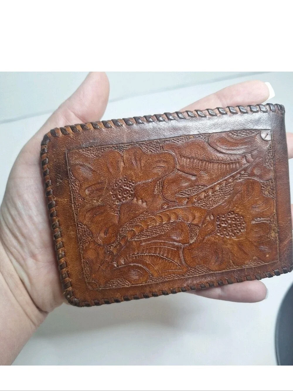 VTG Tooled Leather Wallet Mens Brown Bifold Floral Embossed Western Braided Edge